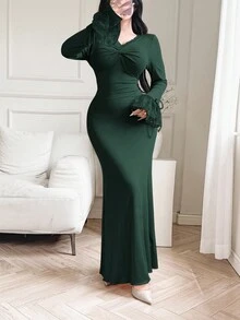 Feyla Women's Solid Color Fitted V-Neck Long Sleeve Dress With Lace Trim  Elegant Dresses For Women Lace Trim At The Neckline And Cuffs; Long-Sleeved, Dark Green Dress That Accentuates The Figure. - Dark Green - View 5