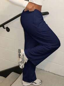 Alexandranx 舒适休闲纯色针织低腰阔腿女式运动裤 - 藏蓝色 - 查看 3