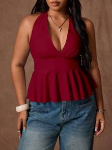 Rustia Áo camisole nữ cỡ lớn kiểu dáng thường ngày, màu trơn, vạt peplum, không lưng, buộc dây phía trước. - Gỗ đỏ - Xem 5