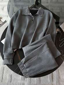 INAWLY Ensemble sweat-shirt et pantalon décontracté en patchwork rayé effet 2 pièces - Gris - Voir 1