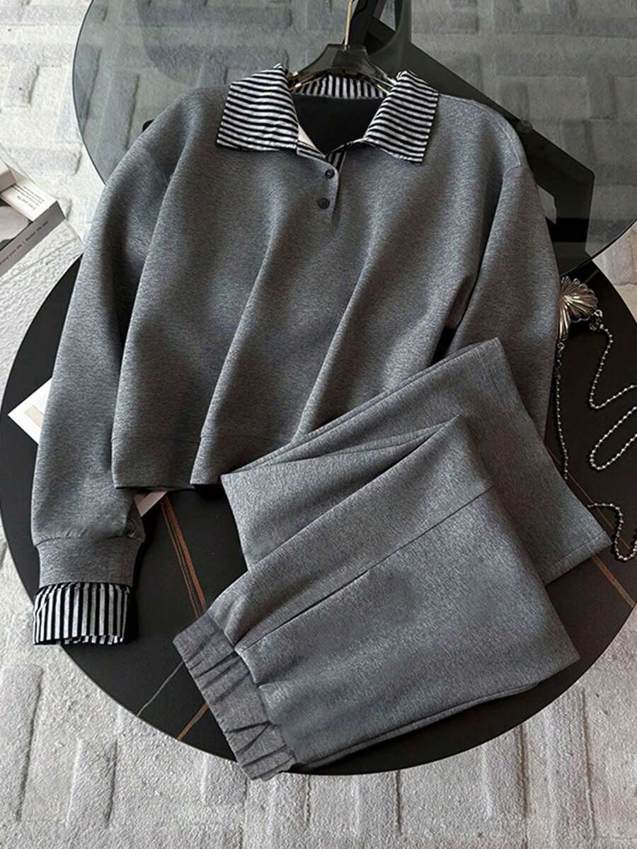 INAWLY Ensemble sweat-shirt et pantalon décontracté en patchwork rayé effet 2 pièces - Gris - Voir 1