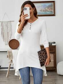 SHEIN LUNE Women's Solid Color Round Neck Long Sleeve Casual T-Shirt With Asymmetrical Hem White Tops For Women Long Tops Women Long Blouses For Women Long Sleeve White Top Long Shirts For Women - White - View 3