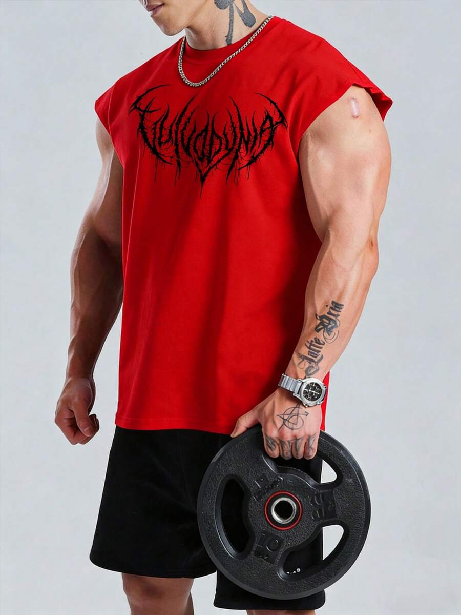 GymBeat 男士荆棘印花休闲运动背心 男士健身背心 男士肌肉背心 肌肉T恤 男士无袖T恤 男士运动服 - 紅色 - 查看 1