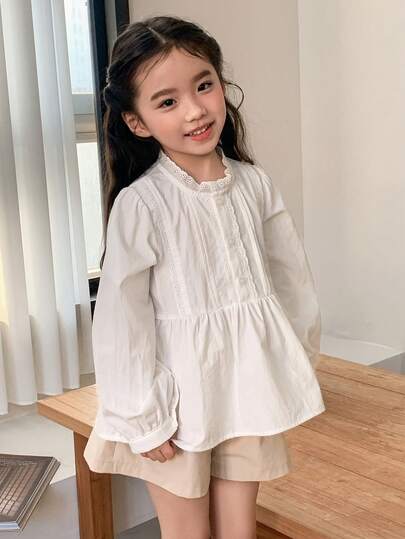 DAZY 女童圆领荷叶边纯色休闲甜美清新长袖衬衫，春夏款