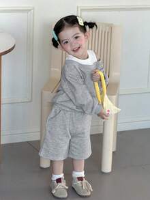 DAZY 2pcs Baby Girls' Round Neck 2 In 1 Off-Shoulder Long Sleeve Sweatshirt And Shorts Set