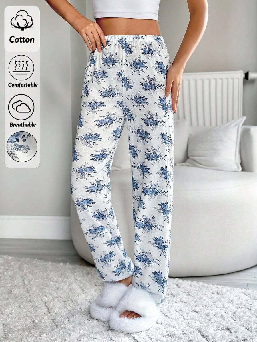EURMUSE Quần dài nữ cỡ lớn chất liệu cotton họa tiết hoa, kiểu dáng thoải mái, cạp chun co giãn, thích hợp mặc ở nhà hoặc ngủ. - Xanh và trắng - Xem 1