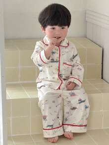 Dazy Kids 2 Stücke Kleinkind Jungen Cartoon Hund Muster Lässiges Süßes Hemd und Hose Pyjama Set - Beige - Übersicht 5
