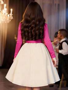 SHEIN Elegant Fashionable Contrast Color Ribbon & Pearl Collar Dress For Teenage Girls - Hot Pink - View 2