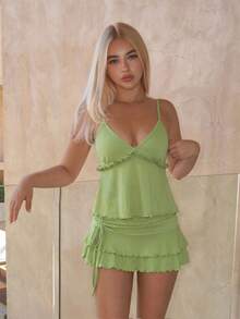 Sweetina Women's Sexy & Sweet Drawstring Cake Pleated Skirt & Camisole 2 Pieces Set - Green - View 3