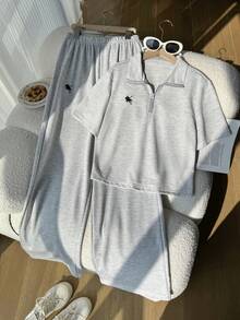 SHEIN 两件套少女休闲连帽衫套装，灰色撞色领拉链短袖露脐卫衣搭配宽松舒适长裤，正面刺绣设计，适合户外、室内、运动、聚会、上学等场合穿着，春夏秋季皆宜。