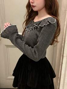 FRIFUL 女士休闲时尚T恤，荷叶边拼接喇叭袖长袖 - 黑色 - 查看 4