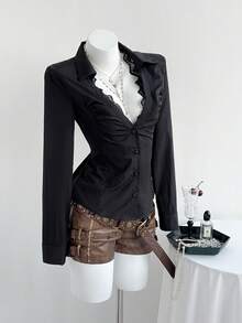 Elamini Sexy Black Deep V-Neck Lace Collar Slim Fit Long Sleeve Blouse - Black - View 3