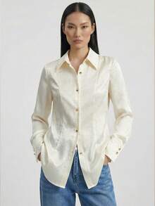 Ontre 2026 Nouvelle chemise à manches longues en satin texturé avec taille cintrée pour femmes, style bohème décontracté, convient pour les vacances, les mariages, le printemps - Beige - Voir 1