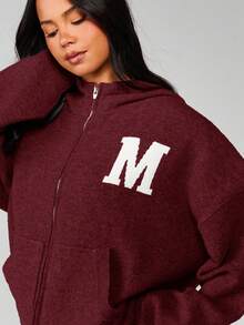 MISSGUIDED 针织拉链连帽衫，带字母徽标，长袖秋冬舒适套头衫 - 酒紅色 - 查看 5