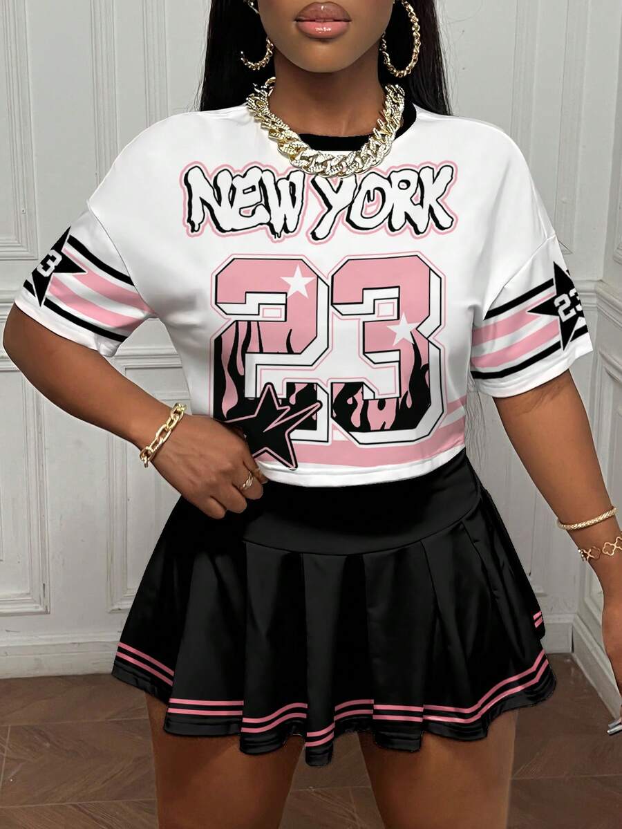 Slaydiva Summer Casual 90s Plus-Size Women's Pink Short-Sleeved T-Shirt High Waist Mini Pleated Skirt Set School Back-To-School Y2K Outfit Graduation All White - Multicolor - View 1