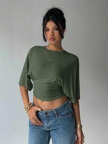 Aloruh Áo thun nữ cổ tròn tay cánh dơi xếp ly ngắn tay, màu trơn, kiểu dáng thường ngày - Màu xanh lá cây đậm - Xem 6