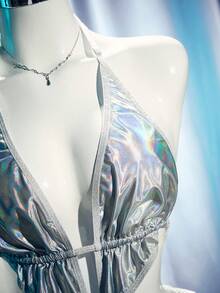 MidnightGlam 两件套女士性感连体衣搭配流苏亮片迷你裙，魅力四射 - 銀色 - 查看 9