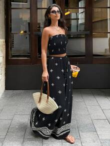 Serisse 两件套女士极简印花抹胸上衣和裤子套装 - 黑色 - 查看 4