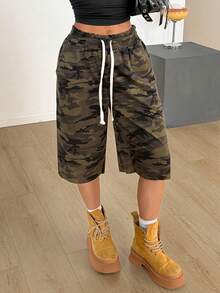 Muchica 女士宽松迷彩印花阔腿百慕大短裤 - 軍綠色 - 查看 1