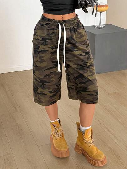 Muchica Women's Loose Camo Print Wide Leg Bermuda Shorts