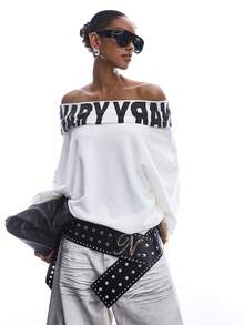LYSMO 2026 New Arrive Minimalism Spring/Summer Women's Casual Loose Fit Letter Print Drop Shoulder Sweatshirt, Versatile For Spring/Autumn Daily Wear - Black and White - View 5
