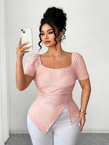 SHEIN Elenzya Áo thun nữ cỡ lớn, màu trơn, cổ vuông, tay ngắn, chất liệu vải dệt họa tiết, vạt áo bất đối xứng, thích hợp cho Ngày Valentine. - Hồng - Xem 6
