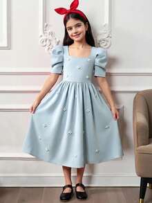 少女优雅珍珠点缀方领羊腿袖荷叶边下摆缎面连衣裙，适合婚礼、派对、生日、聚会、春夏穿着。 - 淺藍色 - 查看 3