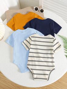 Bộ 4 áo liền quần tay ngắn kẻ sọc co giãn dễ thương cho bé trai/bé gái, áo liền thân cơ bản, thích hợp cho mùa xuân/hè. - Nhiều màu - Xem 9