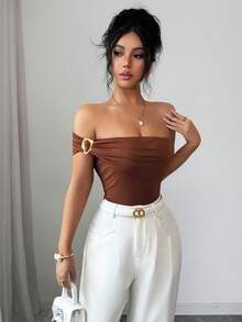 Gloray Women's Oblique Shoulder Decor Ring Casual Slim Fit Fashion Tank Top - Brown - View 5