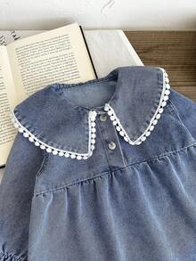 SHEIN LMoss Kids Baby Girls' Blue Denim Lapel Long Sleeve Loose Dress - Light Wash - View 4