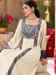 Al Najma Đầm maxi Thổ Nhĩ Kỳ in họa tiết dành cho nữ, áo choàng dài truyền thống Ả Rập. - Màu be - Xem 2