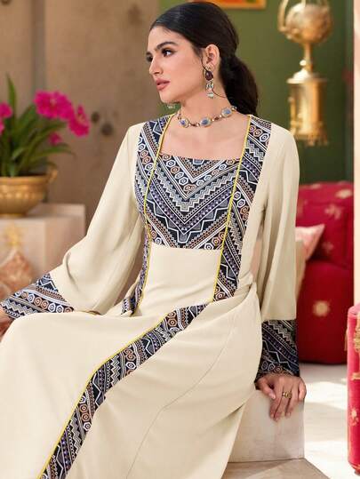 Al Najma Women's Printed Turkish Maxi Dress, Traditional Arabic Long Robe Pakistani Dress For Women Moftif Dresses For Women Kurta Set Women Arabian Dress