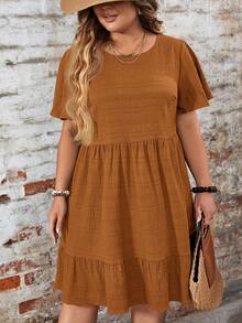SHEIN LUNE Plus Size Casual Solid Color Ruffle Hem Dress Rust Brown Autumn Midi Summer Short Sleeve Dresses - Khaki - View 4