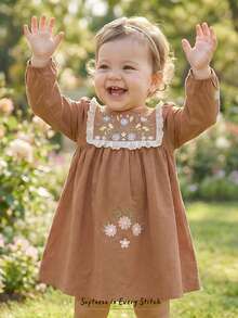 Loomiva Gaun Smock Rayon Cokelat Karat Lucu untuk Anak Perempuan Muda dengan Bordir Tanaman dan Lengan Bishop Panjang, Potongan Midi Mengembang, Leher Bulat - Rust Brown - View 3