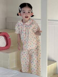 DAZY 2件套女婴爱心印花圆领短袖上衣和裤子睡衣套装 - 白色 - 查看 6