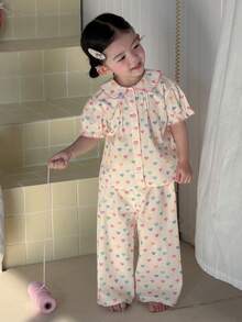DAZY 2件套女婴爱心印花圆领短袖上衣和裤子睡衣套装 - 白色 - 查看 8