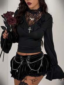 Coolane 女士秋冬Y2K哥特风蕾丝弹力舒适高领荷叶边长袖万圣节黑色T恤，哥特风上衣