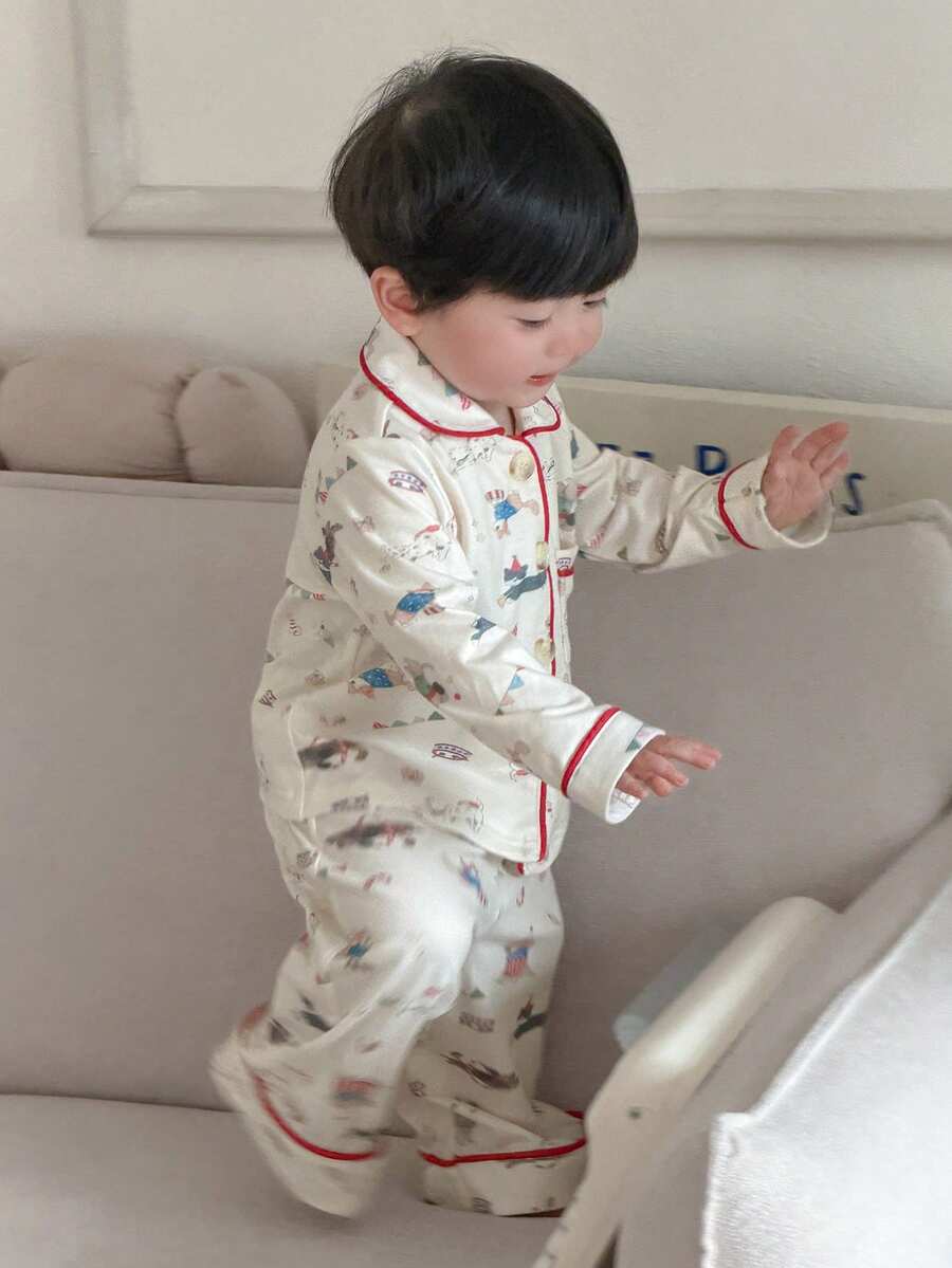 Dazy Kids 2 Stücke Kleinkind Jungen Cartoon Hund Muster Lässiges Süßes Hemd und Hose Pyjama Set - Beige - Übersicht 1