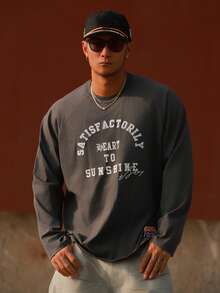 DAZY 男士春季刺绣字母印花圆领T恤，深灰色 - 灰色 - 查看 3