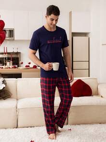 SHEIN Letter Print Casual Round Neck Short Sleeve T-Shirt And Plaid Long Pants Men's Pajama Set
