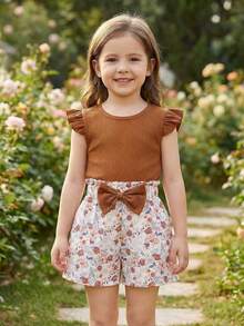 SHEIN Elladie kids 2件套女童夏季休闲纯色荷叶边上衣和印花蝴蝶结装饰短裤套装 - 棕色 - 查看 9