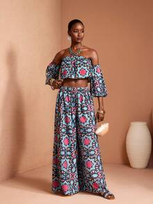 JIAN LASALA All-Over Print Off-Shoulder Ruffled Bell Sleeves Crop Top Women Vacation Casual Holiday - Multicolor - View 7