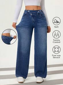 Flexra Quần jeans nữ dáng rộng, cạp không đối xứng - Rửa trung bình - Xem 1