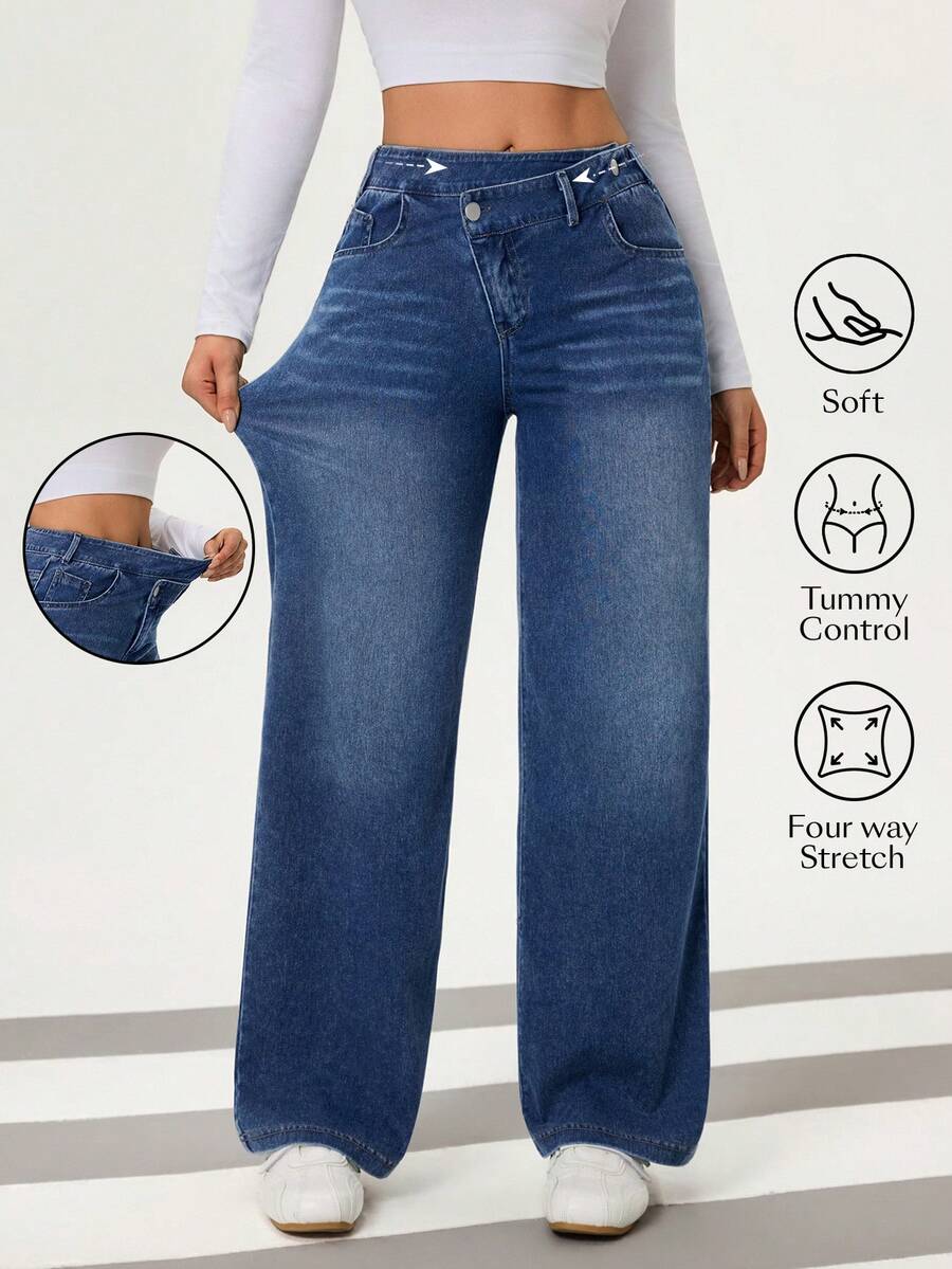 Flexra Quần jeans nữ dáng rộng, cạp không đối xứng - Rửa trung bình - Xem 1
