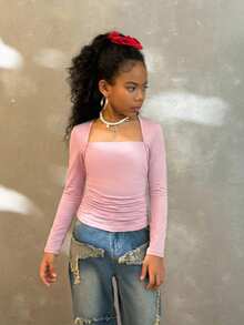 SHEIN 少女秋季时尚修身T恤，插肩袖，U领，褶皱腰身，弹力面料 - 粉色 - 查看 4