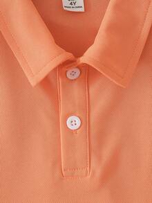SHEIN Explorewe 2pcs/Set Young Girl Minimalist Sporty Light Pink Summer Orange Short-Sleeve Knit Polo Shirt & Color-Block Athletic Shorts Set,School Sports Outings - Orange - View 8