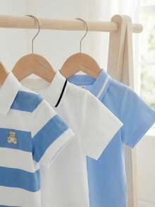 Souflis Souflis 3 قطعة/طقم قمصان بولو أكمام قصيرة بطراز فرنسي رجعي بلون أزرق فاتح، أبيض، أزرق سادة، أزرق مخطط، متعددة الاستخدامات للمدرسة واللعب والمناسبات المختلفة، ملابس علوية للأولاد الصغار - متعدد الألوان - مشاهدة 7