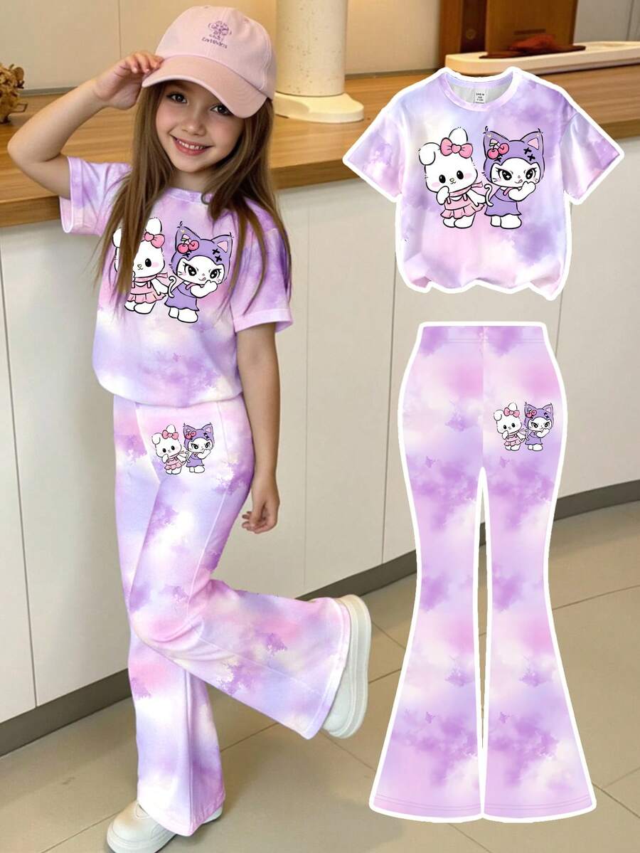 SHEIN Bộ đồ 2 mảnh thoải mái, sáng tạo, cá tính, tối giản, in hình hoạt hình mèo, thỏ, anh đào, nơ, trái tim dễ thương, thích hợp cho mùa hè và mùa thu, dành cho bé gái. Áo thun rộng và quần ống loe, phù hợp cho cả mùa hè và mùa thu. - Nhiều màu - Xem 1