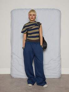 COUREZ 条纹短袖不对称针织上衣 / Y2K 短袖上衣 外出上衣 女式上衣 夏季女装 蓝色上衣 可爱上衣 夏季上衣 夏季穿搭 - 彩色 - 查看 1