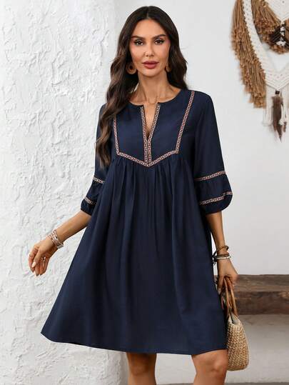 EMERY ROSE Women's Vacation V-Neck Lantern Sleeve Casual Short Dress From Spring To Summer Beach Dress Vacation Outfits Women Summer Holiday Outfits Holiday Dress Casual Dresses For Women Summer Dresses For Women Going Out Dress Tunic Dresses Boho Dress Women Women Vacation Dress Summer Dress With Sleeve